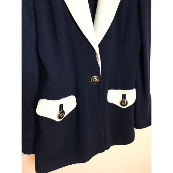St. John Collection Santana Knit Colorblock Blazer 8 Navy Blue Ivory - Picture 4 of 13
